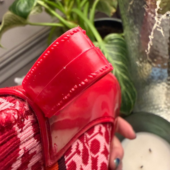 Coach Red Patent Rubber Chelsea Rain Boots with Pink Logo Panel - Picture 2 of 6